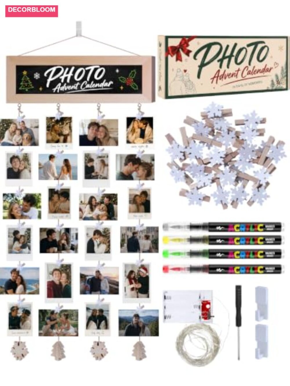 24-Day Wooden Photo Advent Calendar Display Board Clips Lights